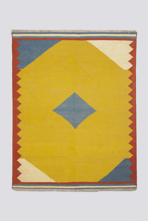 Vintage Qashqai Firuz Abad Minimal Yellow and Blue Kilim 4.7SQM