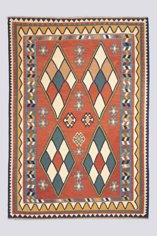Vintage Qashqai Firuz Abad 4 Diamonds Kilim 6.1SQM