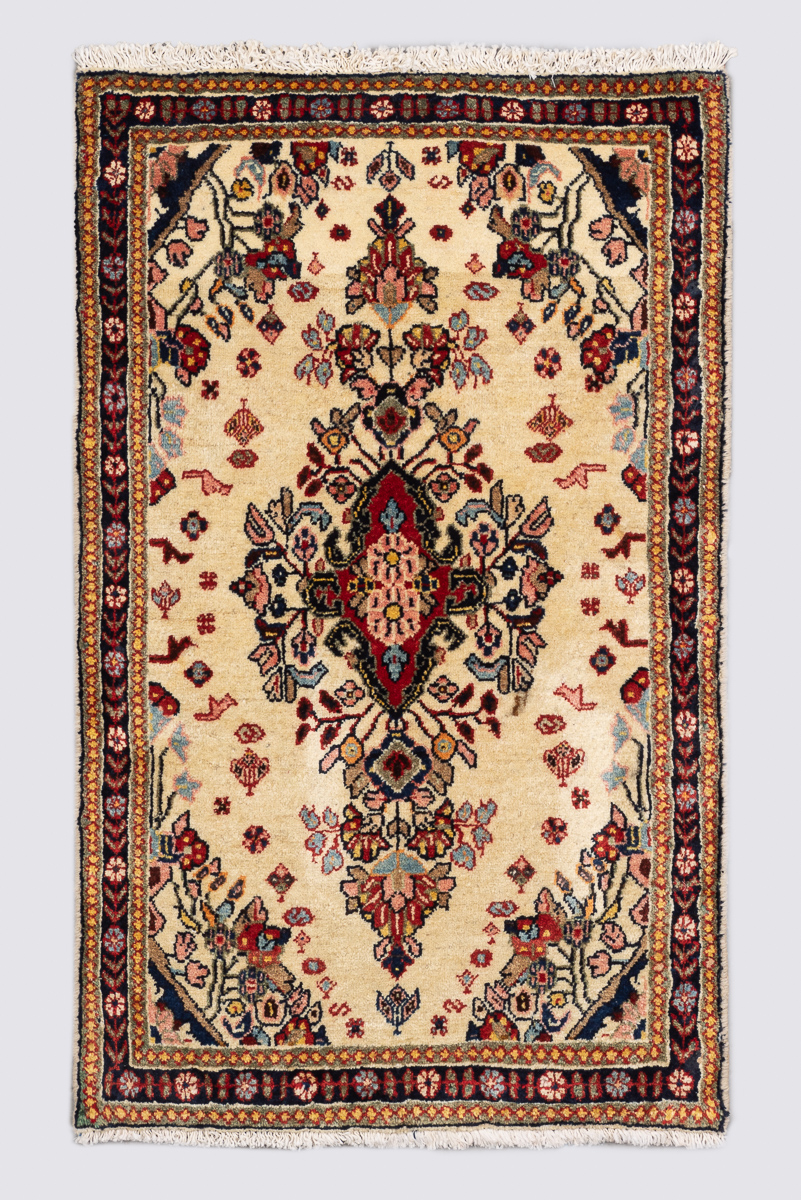 RCA423-Abadeh-Poshti Abadeh Poshti Persian Rug ā Ivory Ground Floral Medallion, c. 1960sā1980s 102*63CM - Image 1