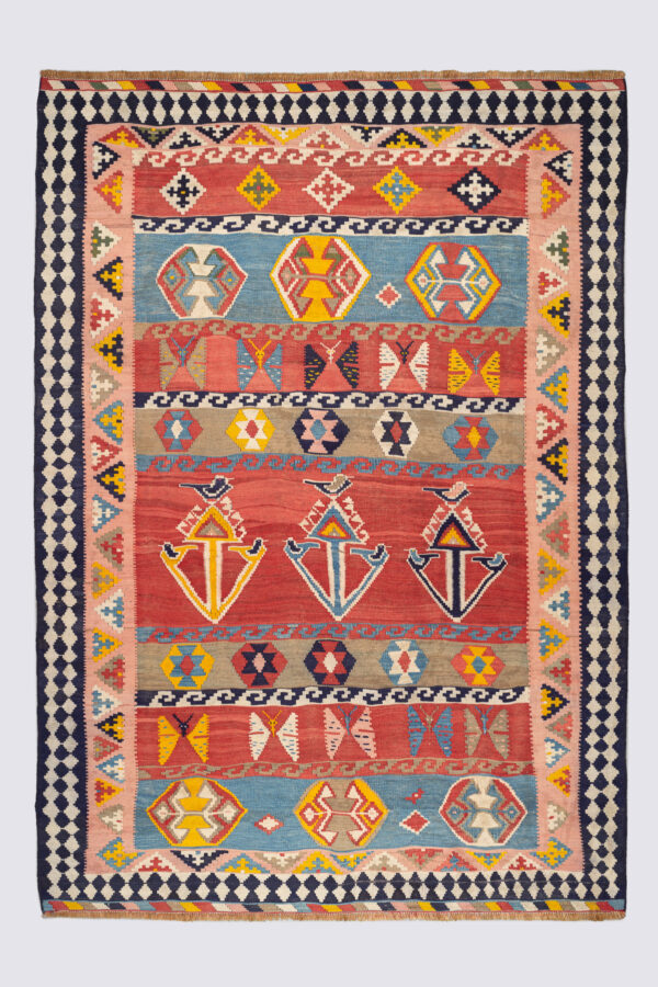 Qashqai Kilim With Butterfly Motifs And Geometric Medallions