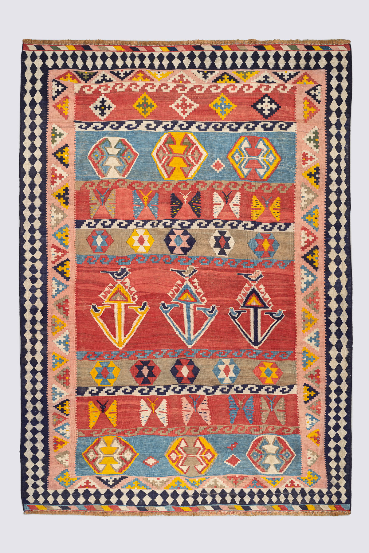 RK232-qashqai-kilim-with-butterfly-motifs-and-geometric-medallions Qashqai Kilim With Butterfly Motifs And Geometric Medallions