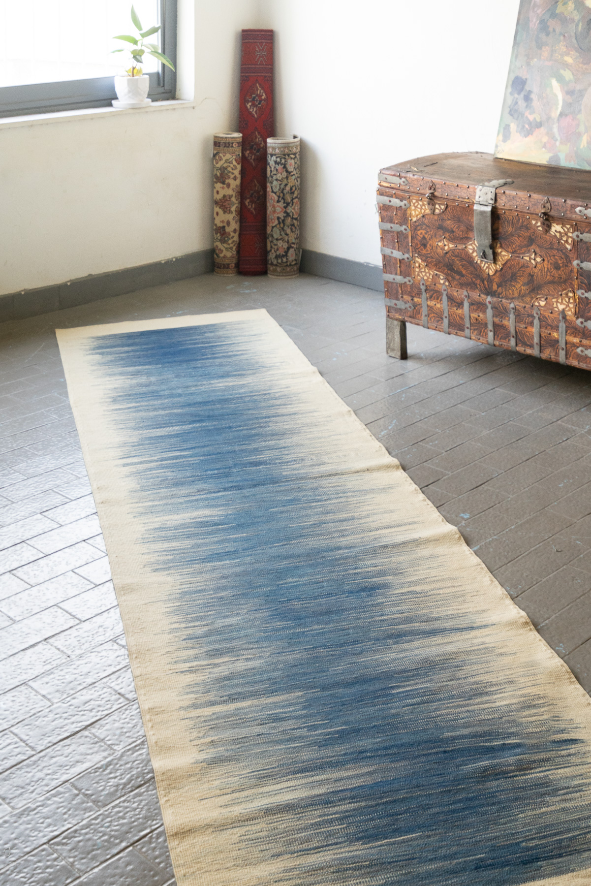 RK244 Contemporary Fine Mazandaran Minimalist Blue Ikat Kilim Runner 3