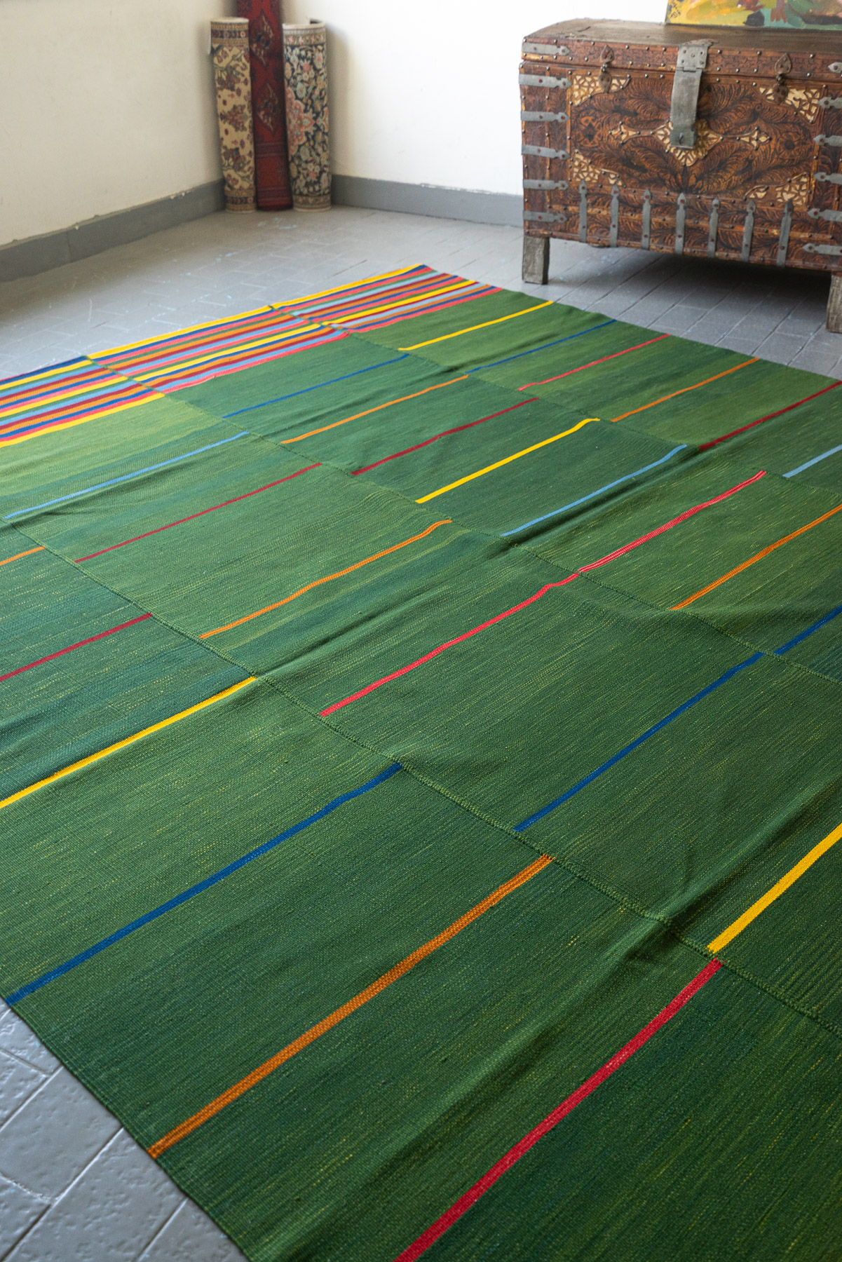 RK248 Contemporary Fine Mazandaran Minimalist Green Field Kilim 2